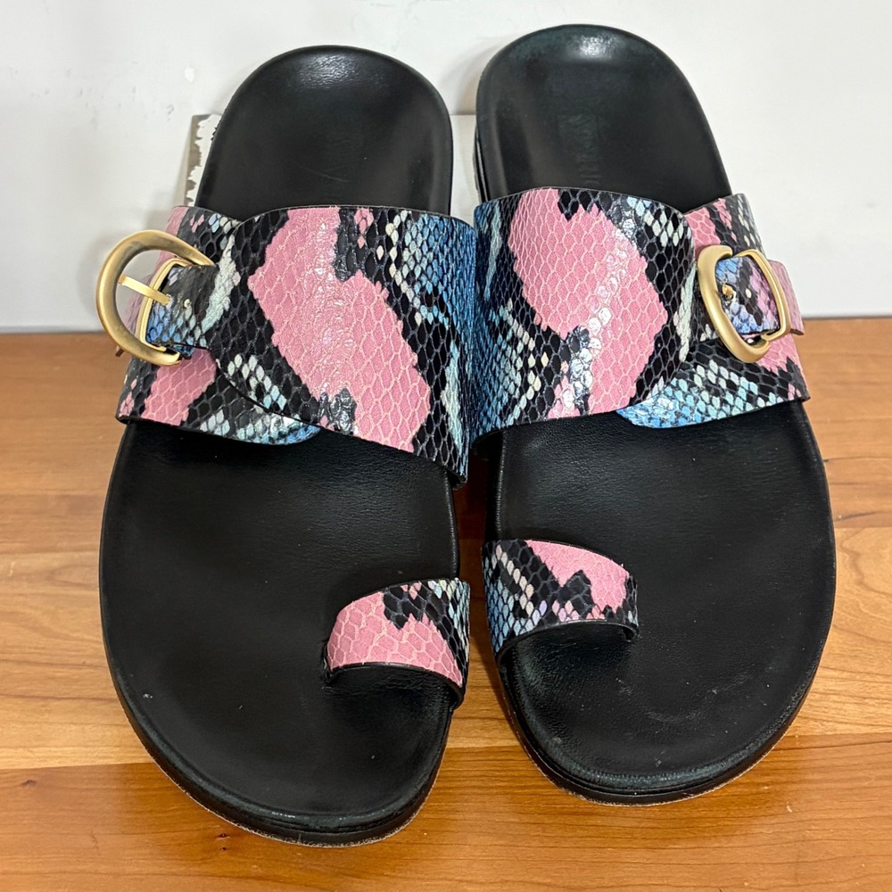Marion Parke Pink Blue Snakeskin Embossed Leather Toe Loop Buckle Slide Sandals